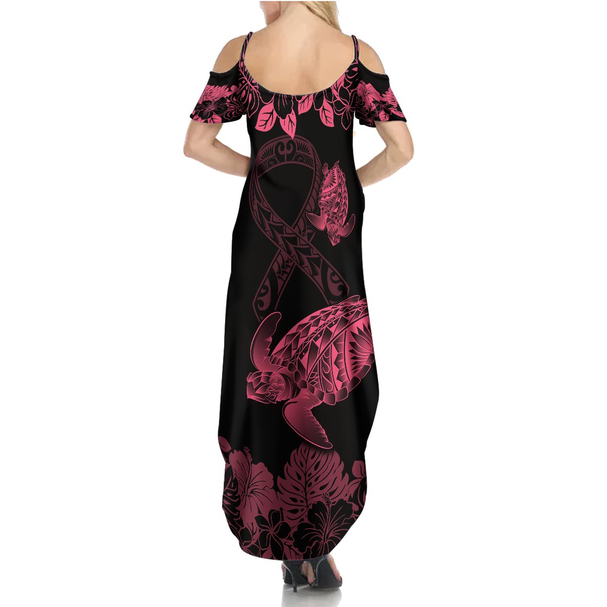 Personalised Polynesian Turtle Ribbon Summer Maxi Dress Think Pink Breast Cancer With Pacific Hibiscus - Wonder Print Shop