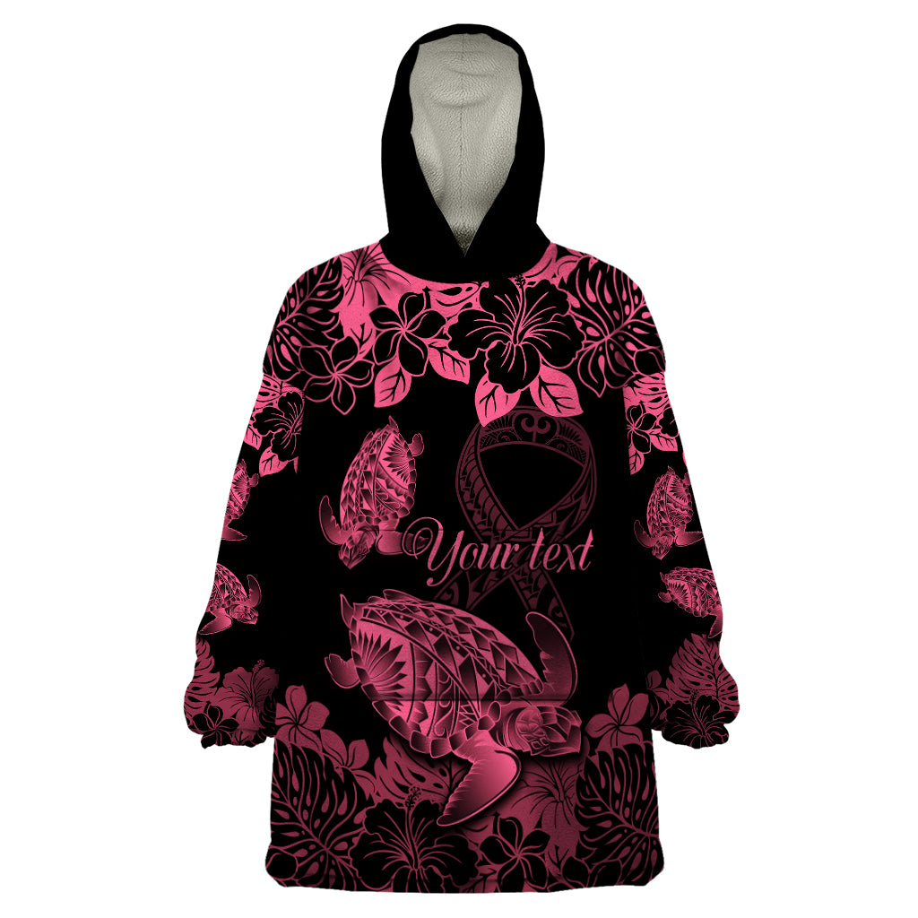 Personalised Polynesian Turtle Ribbon Wearable Blanket Hoodie Think Pink Breast Cancer With Pacific Hibiscus - Wonder Print Shop