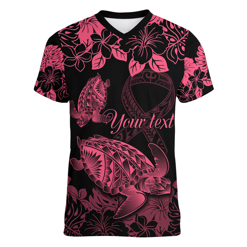 Personalised Polynesian Turtle Ribbon Women V Neck T Shirt Think Pink Breast Cancer With Pacific Hibiscus - Wonder Print Shop