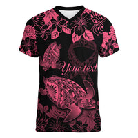 Personalised Polynesian Turtle Ribbon Women V Neck T Shirt Think Pink Breast Cancer With Pacific Hibiscus - Wonder Print Shop