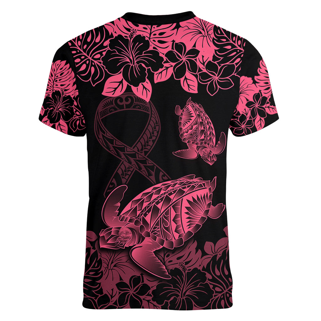 Personalised Polynesian Turtle Ribbon Women V Neck T Shirt Think Pink Breast Cancer With Pacific Hibiscus - Wonder Print Shop