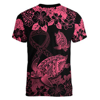 Personalised Polynesian Turtle Ribbon Women V Neck T Shirt Think Pink Breast Cancer With Pacific Hibiscus - Wonder Print Shop