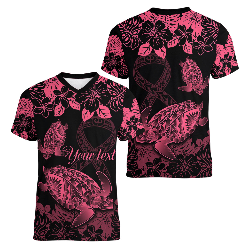 Personalised Polynesian Turtle Ribbon Women V Neck T Shirt Think Pink Breast Cancer With Pacific Hibiscus - Wonder Print Shop