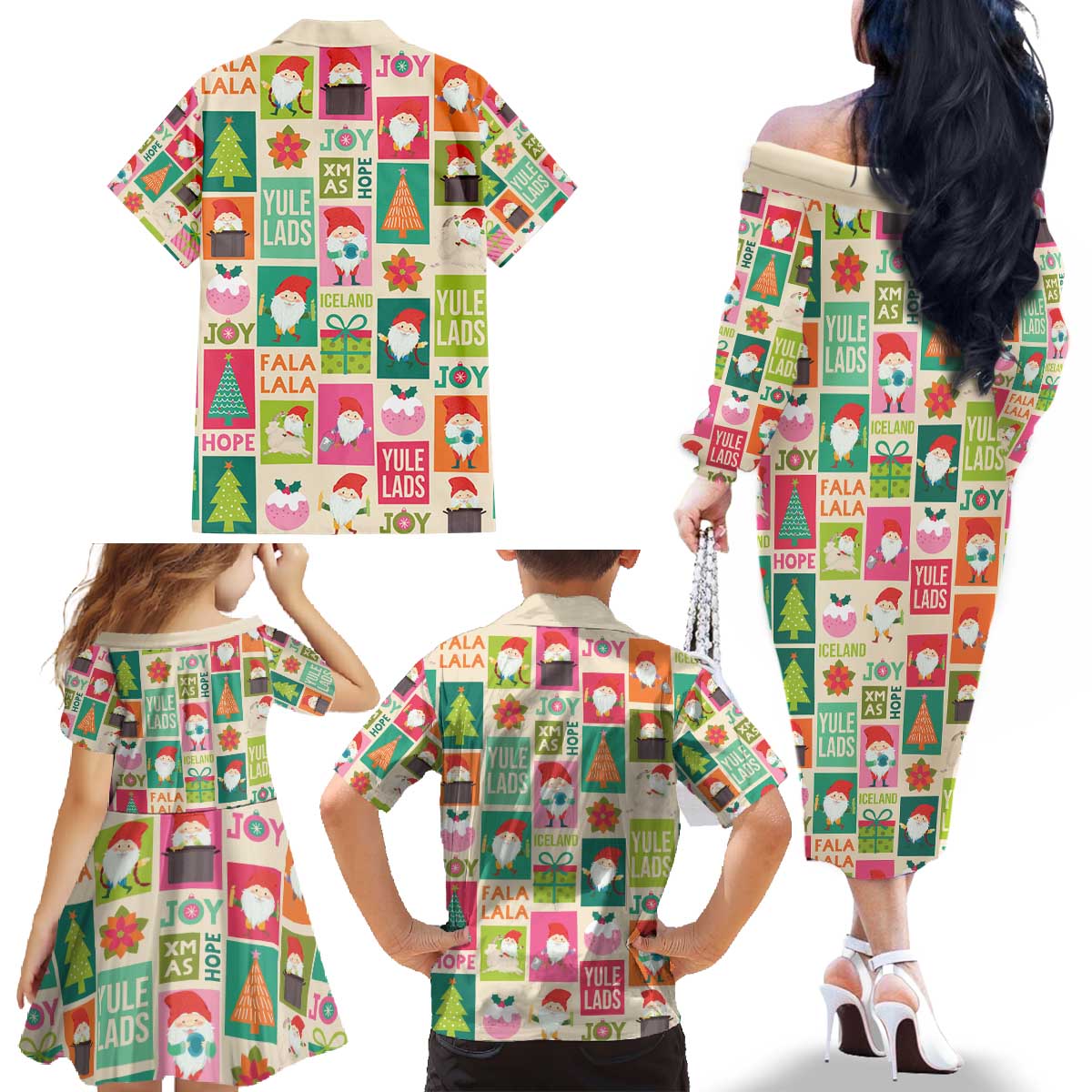 Cute Yule Lads Christmas Family Matching Off The Shoulder Long Sleeve Dress and Hawaiian Shirt Icelandic Jolasveinar Hippie Style - Wonder Print Shop