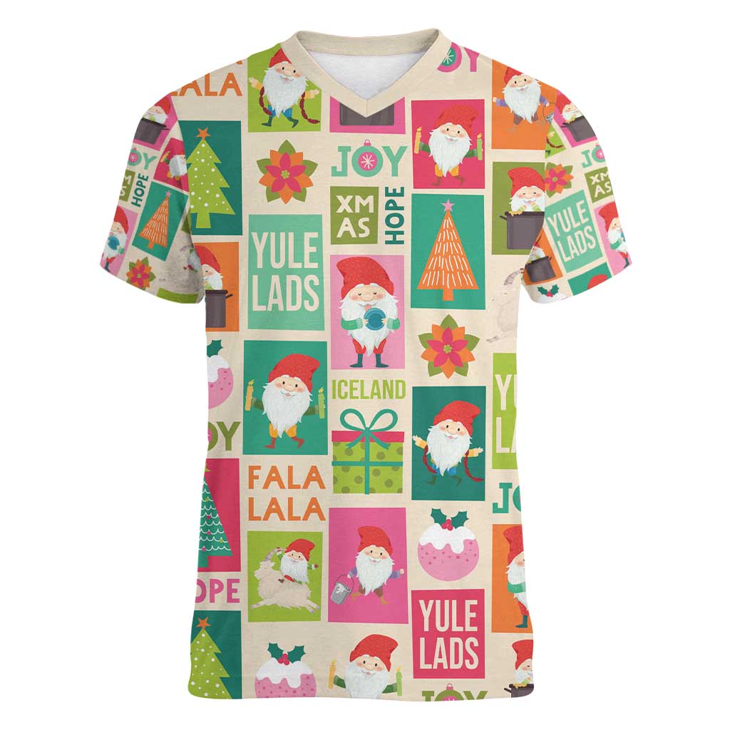 Cute Yule Lads Christmas Women V-Neck T-Shirt Icelandic Jolasveinar Hippie Style - Wonder Print Shop