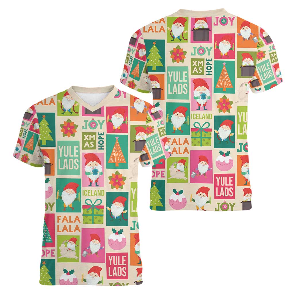 Cute Yule Lads Christmas Women V-Neck T-Shirt Icelandic Jolasveinar Hippie Style - Wonder Print Shop