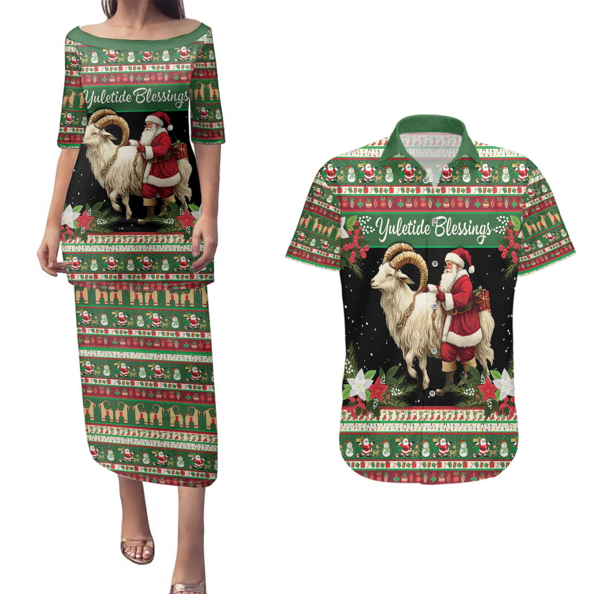 Yule Goat Personalized Couples Matching Puletasi and Hawaiian Shirt Scandanavian Mythology LT9 - Wonder Print Shop