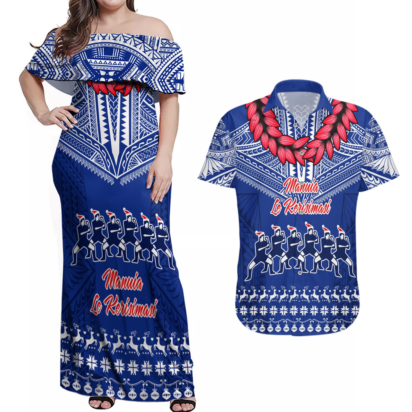 Toa Samoa Christmas Couples Matching Off Shoulder Maxi Dress and Hawaiian Shirt Samoa Siva Tau Manuia Le Kerisimasi Blue Vibe LT9 - Wonder Print Shop