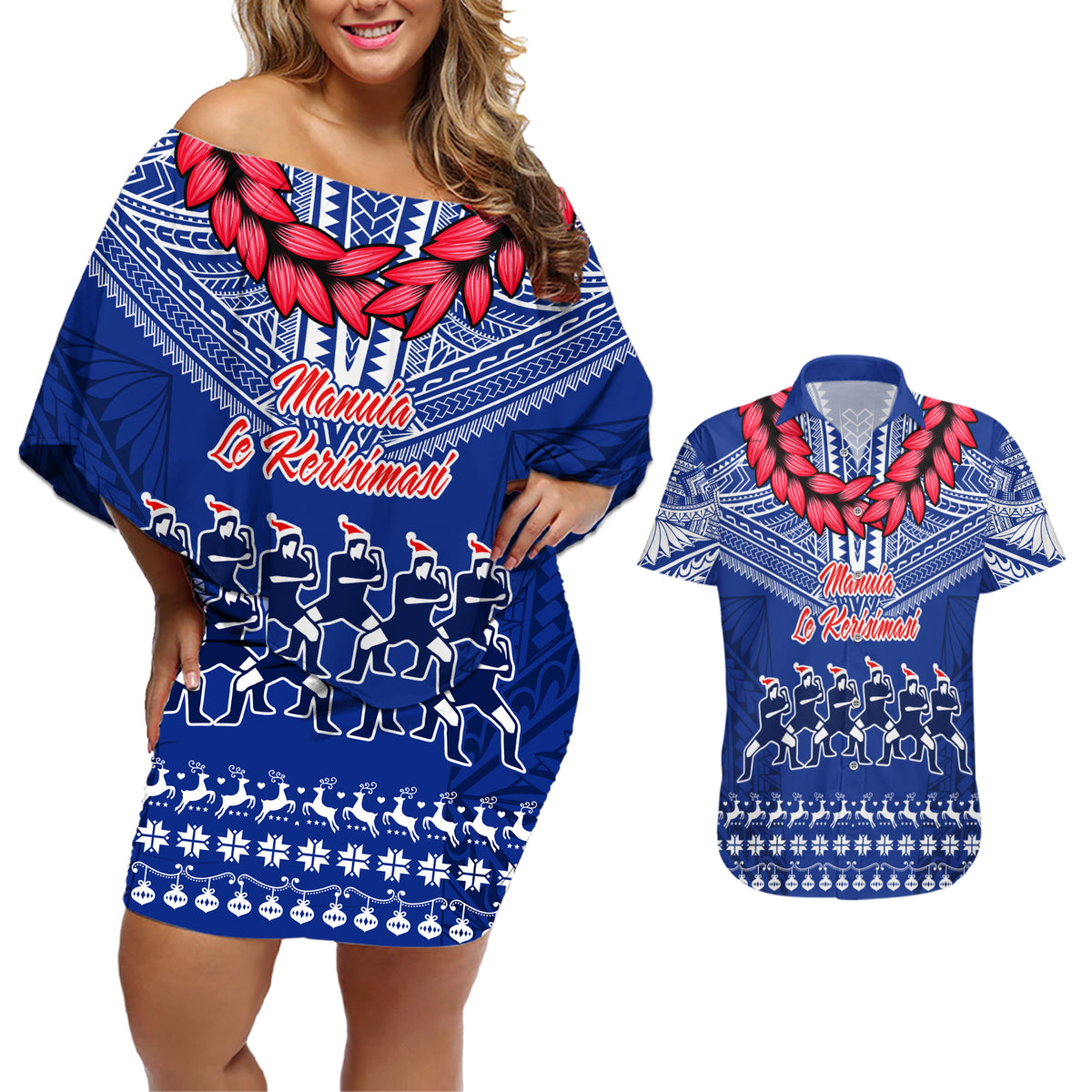 Toa Samoa Christmas Couples Matching Off Shoulder Short Dress and Hawaiian Shirt Samoa Siva Tau Manuia Le Kerisimasi Blue Vibe LT9 - Wonder Print Shop