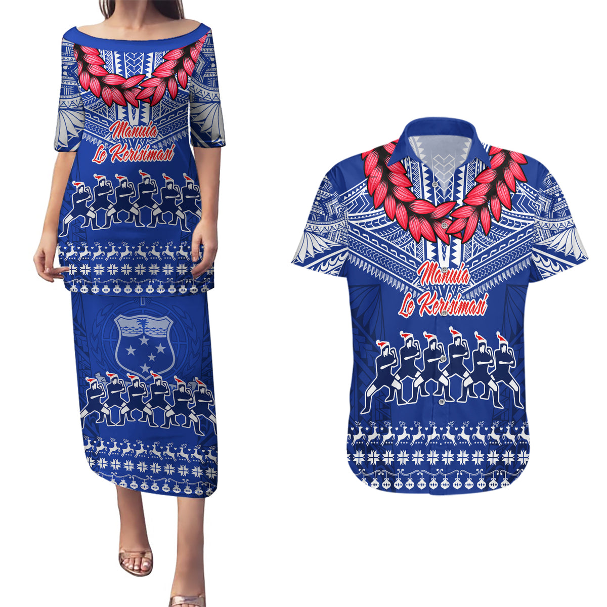 Toa Samoa Christmas Couples Matching Puletasi Dress and Hawaiian Shirt Samoa Siva Tau Manuia Le Kerisimasi Blue Vibe LT9 - Wonder Print Shop