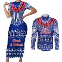 Toa Samoa Christmas Couples Matching Short Sleeve Bodycon Dress and Long Sleeve Button Shirt Samoa Siva Tau Manuia Le Kerisimasi Blue Vibe LT9 - Wonder Print Shop