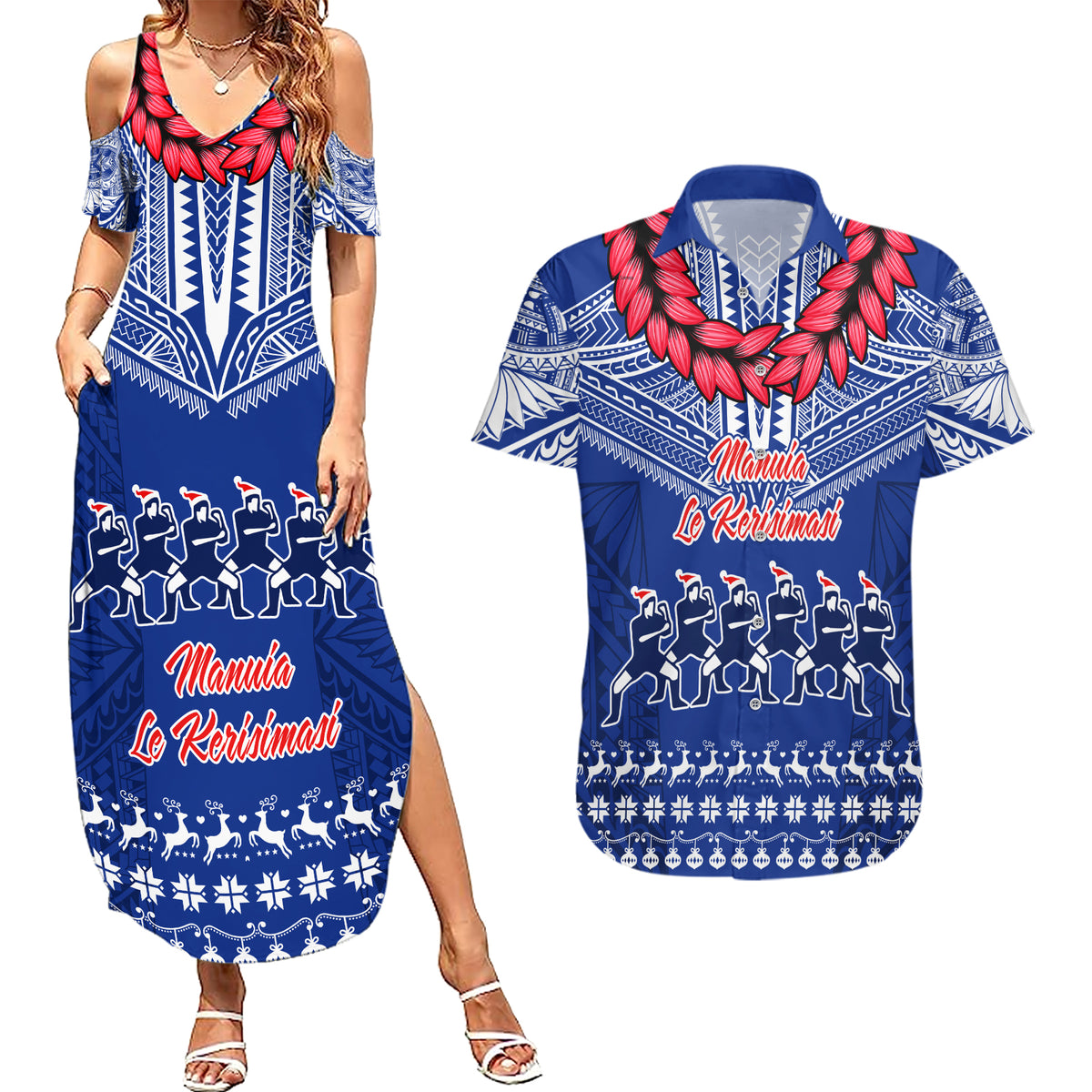 Toa Samoa Christmas Couples Matching Summer Maxi Dress and Hawaiian Shirt Samoa Siva Tau Manuia Le Kerisimasi Blue Vibe LT9 - Wonder Print Shop