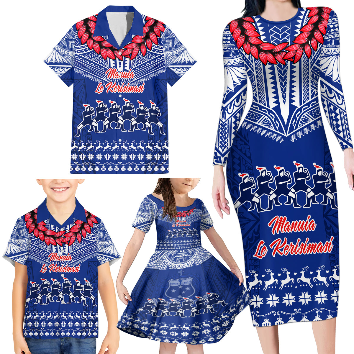Toa Samoa Christmas Family Matching Long Sleeve Bodycon Dress and Hawaiian Shirt Samoa Siva Tau Manuia Le Kerisimasi Blue Vibe LT9 - Wonder Print Shop