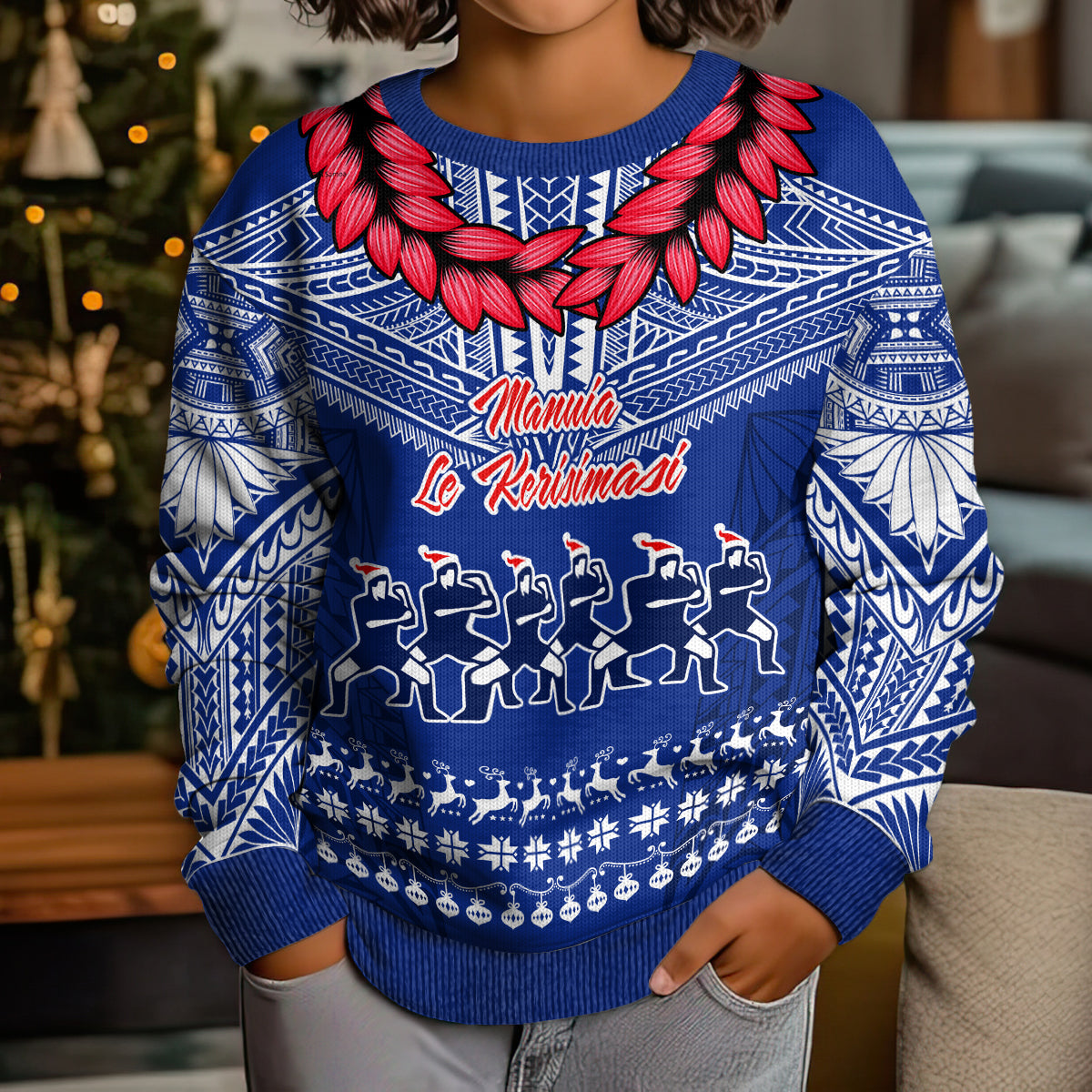 Toa Samoa Christmas Kid Ugly Christmas Sweater Samoa Siva Tau Manuia Le Kerisimasi Blue Vibe - Wonder Print Shop
