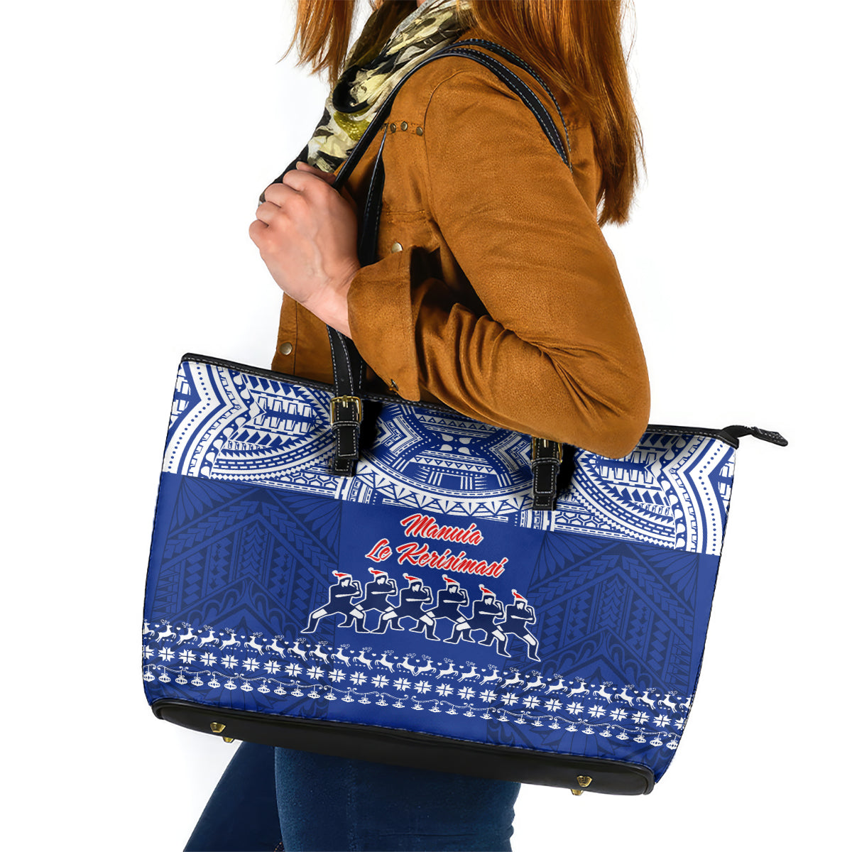 Toa Samoa Christmas Leather Tote Bag Samoa Siva Tau Manuia Le Kerisimasi Blue Vibe - Wonder Print Shop