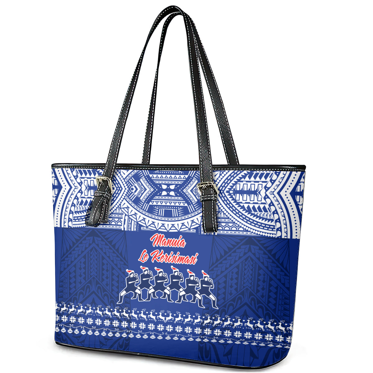 Toa Samoa Christmas Leather Tote Bag Samoa Siva Tau Manuia Le Kerisimasi Blue Vibe - Wonder Print Shop