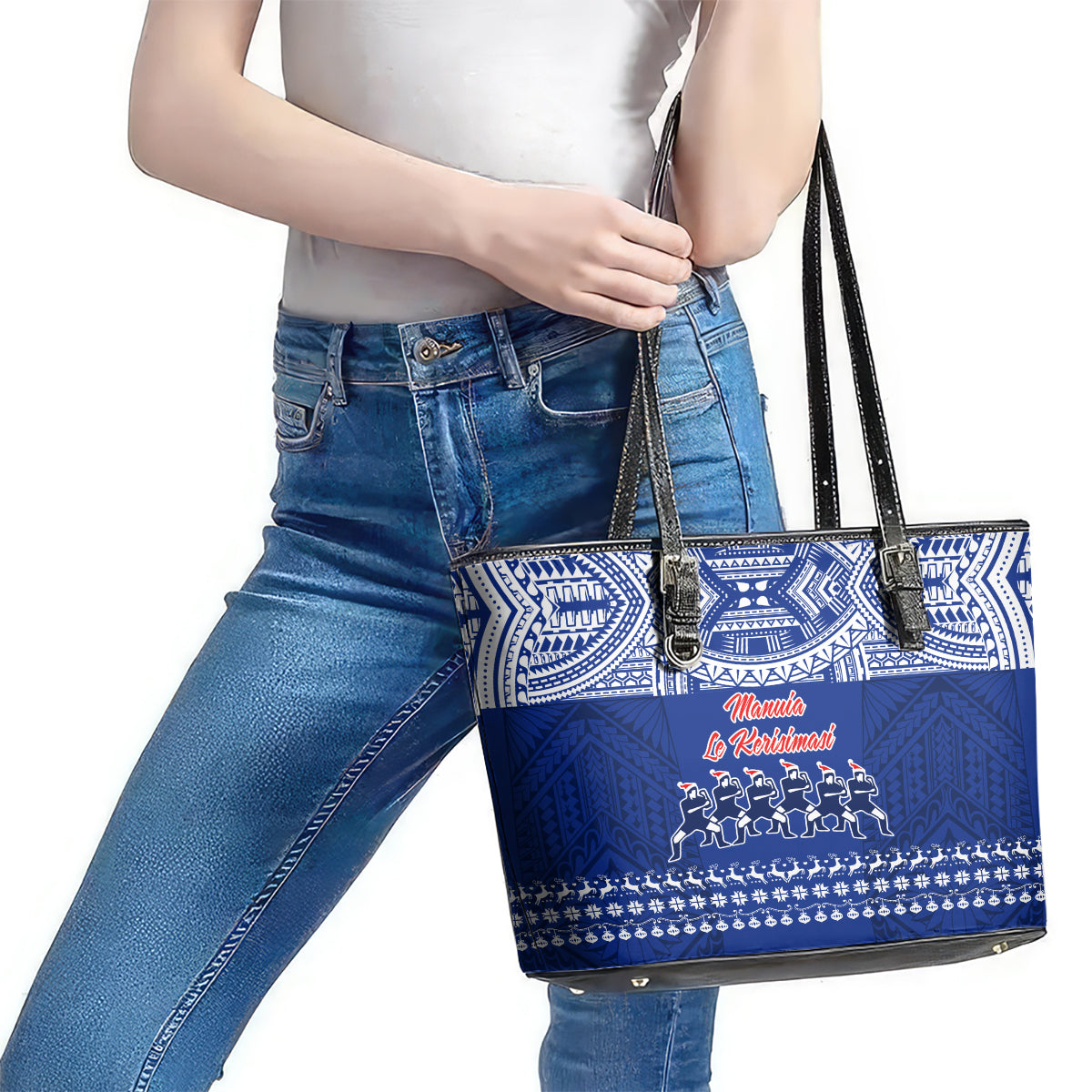 Toa Samoa Christmas Leather Tote Bag Samoa Siva Tau Manuia Le Kerisimasi Blue Vibe - Wonder Print Shop