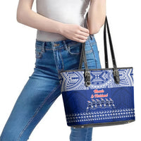 Toa Samoa Christmas Leather Tote Bag Samoa Siva Tau Manuia Le Kerisimasi Blue Vibe - Wonder Print Shop