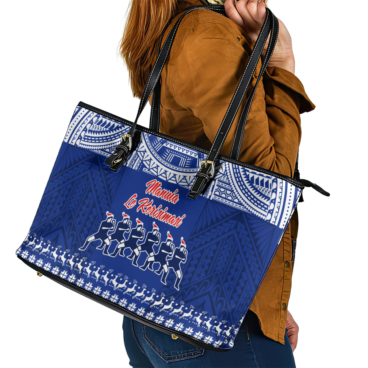 Toa Samoa Christmas Leather Tote Bag Samoa Siva Tau Manuia Le Kerisimasi Blue Vibe - Wonder Print Shop