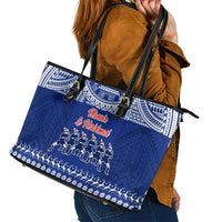 Toa Samoa Christmas Leather Tote Bag Samoa Siva Tau Manuia Le Kerisimasi Blue Vibe - Wonder Print Shop