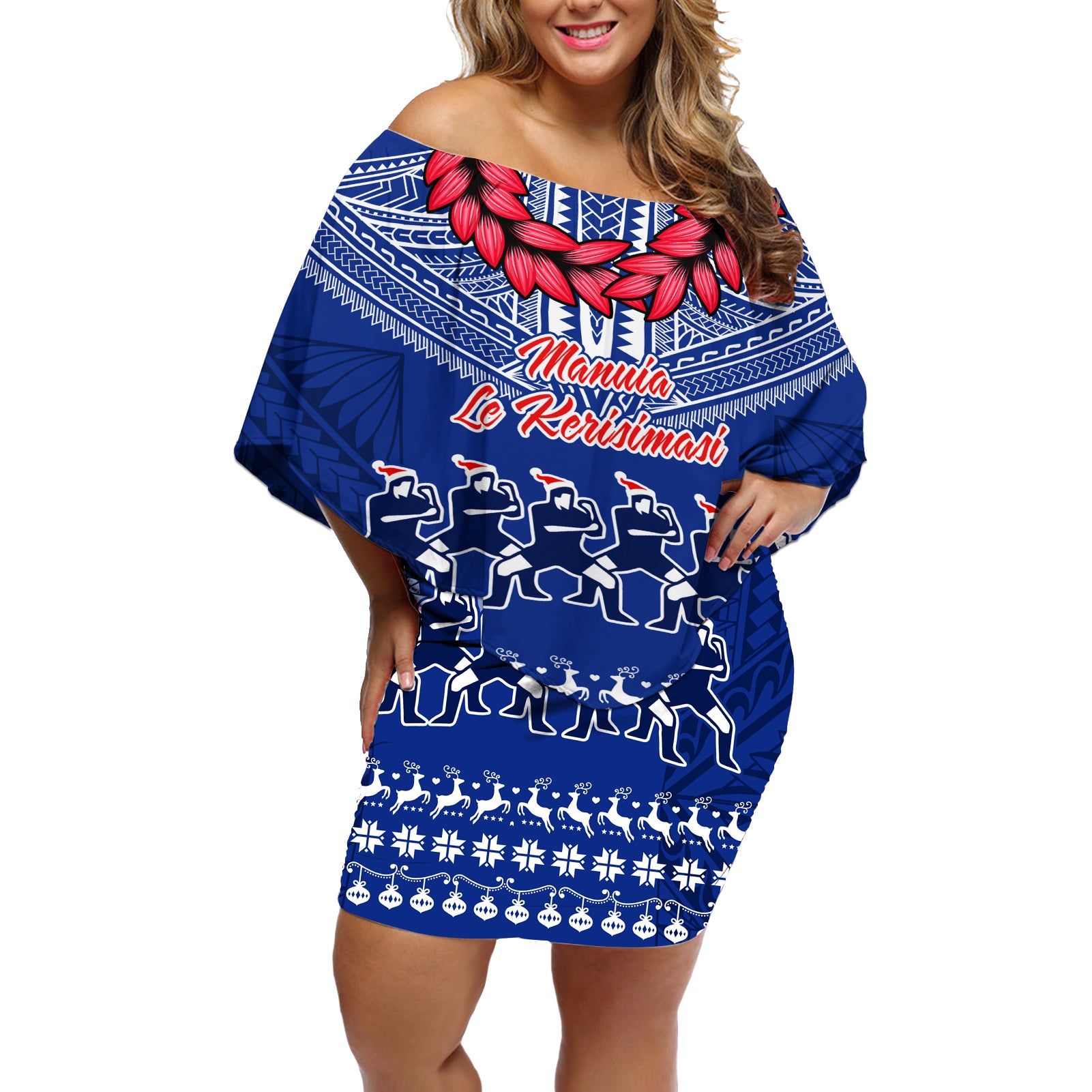 Toa Samoa Christmas Off Shoulder Short Dress Samoa Siva Tau Manuia Le Kerisimasi Blue Vibe - Wonder Print Shop