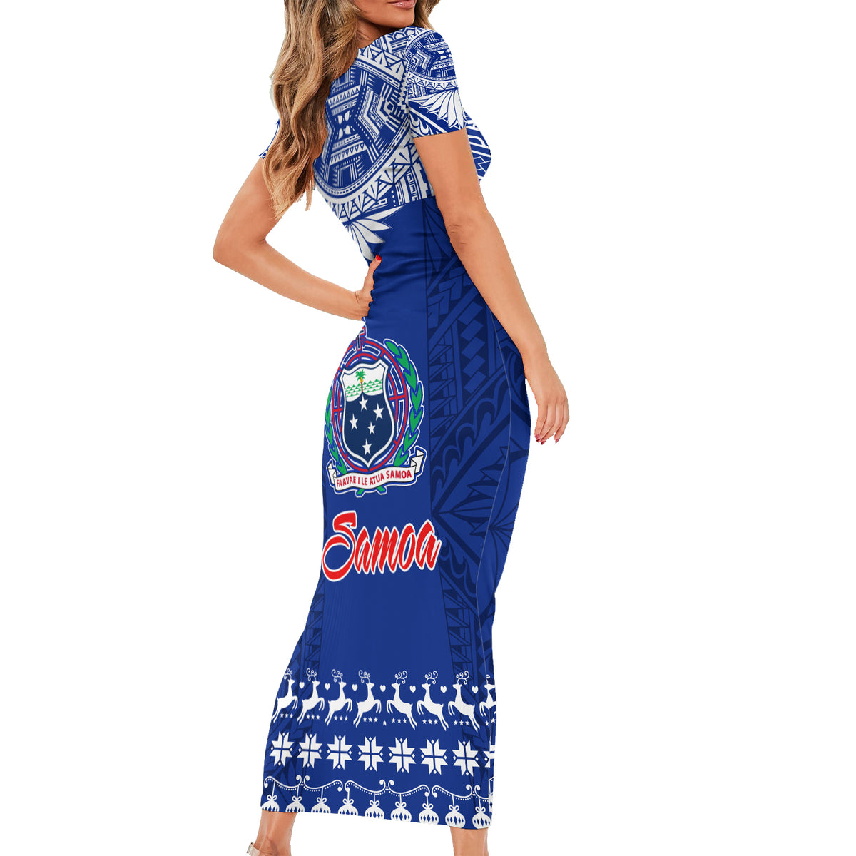 Toa Samoa Christmas Short Sleeve Bodycon Dress Samoa Siva Tau Manuia Le Kerisimasi Blue Vibe - Wonder Print Shop