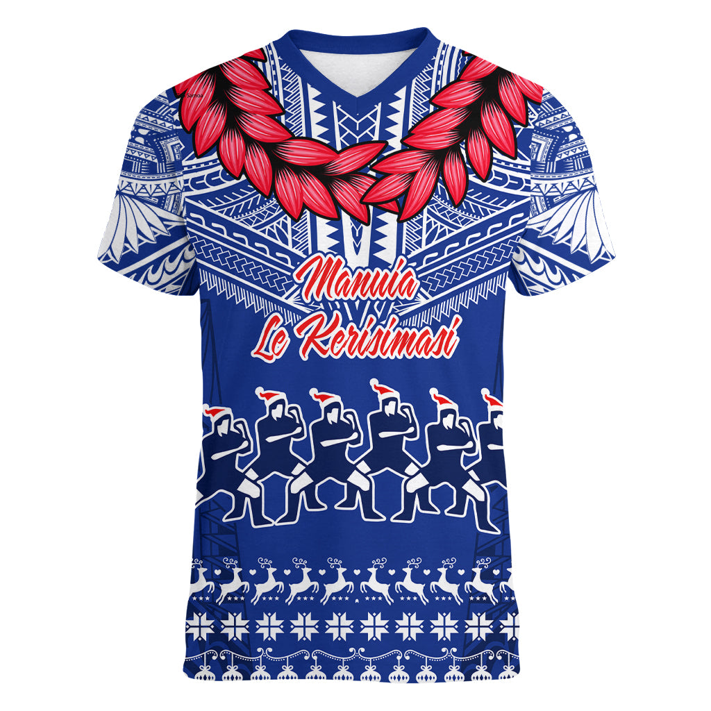 Toa Samoa Christmas Women V Neck T Shirt Samoa Siva Tau Manuia Le Kerisimasi Blue Vibe - Wonder Print Shop