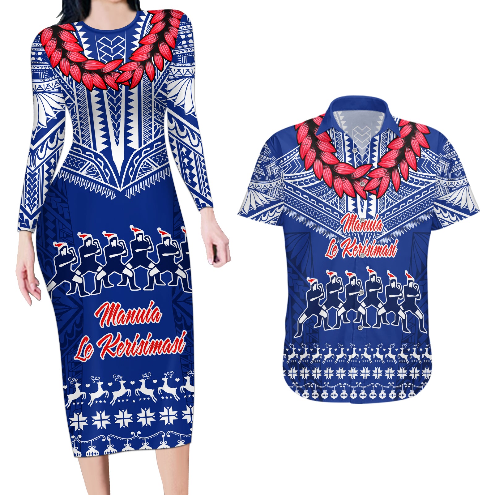 Personalised Toa Samoa Christmas Couples Matching Long Sleeve Bodycon Dress and Hawaiian Shirt Samoa Siva Tau Manuia Le Kerisimasi Blue Vibe LT9 - Wonder Print Shop