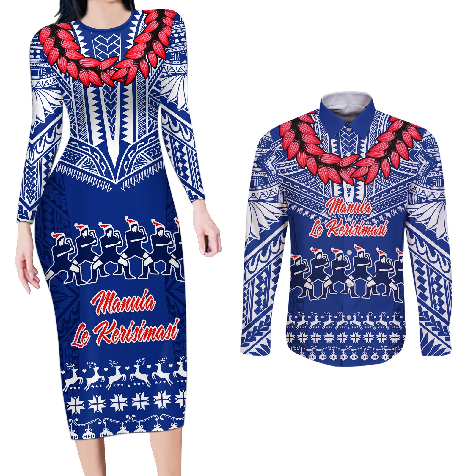 Personalised Toa Samoa Christmas Couples Matching Long Sleeve Bodycon Dress and Long Sleeve Button Shirt Samoa Siva Tau Manuia Le Kerisimasi Blue Vibe LT9 - Wonder Print Shop