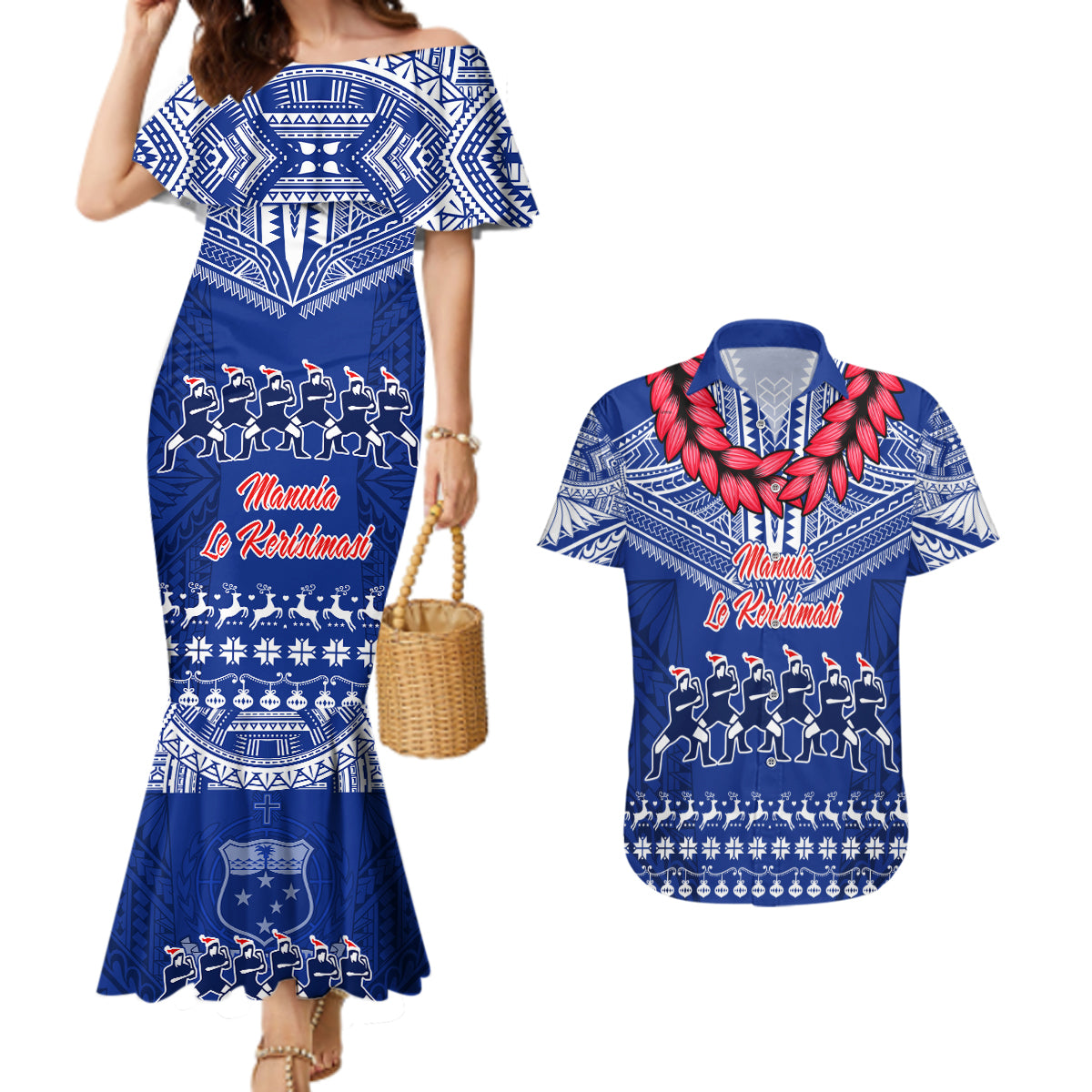 Personalised Toa Samoa Christmas Couples Matching Mermaid Dress and Hawaiian Shirt Samoa Siva Tau Manuia Le Kerisimasi Blue Vibe LT9 - Wonder Print Shop