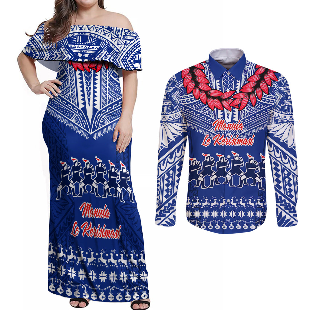 Personalised Toa Samoa Christmas Couples Matching Off Shoulder Maxi Dress and Long Sleeve Button Shirt Samoa Siva Tau Manuia Le Kerisimasi Blue Vibe LT9 - Wonder Print Shop