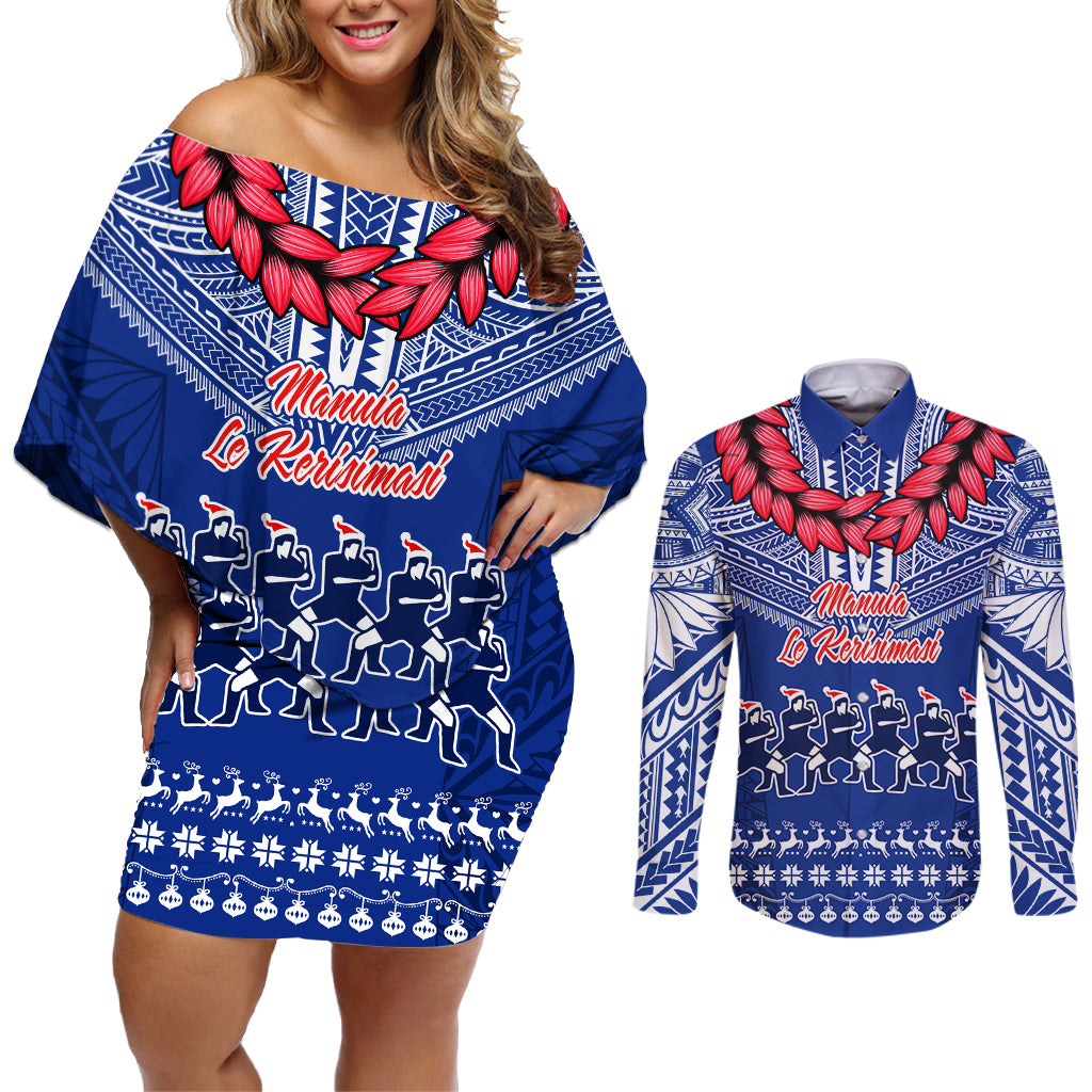 Personalised Toa Samoa Christmas Couples Matching Off Shoulder Short Dress and Long Sleeve Button Shirt Samoa Siva Tau Manuia Le Kerisimasi Blue Vibe LT9 - Wonder Print Shop