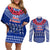 Personalised Toa Samoa Christmas Couples Matching Off Shoulder Short Dress and Long Sleeve Button Shirt Samoa Siva Tau Manuia Le Kerisimasi Blue Vibe LT9 - Wonder Print Shop