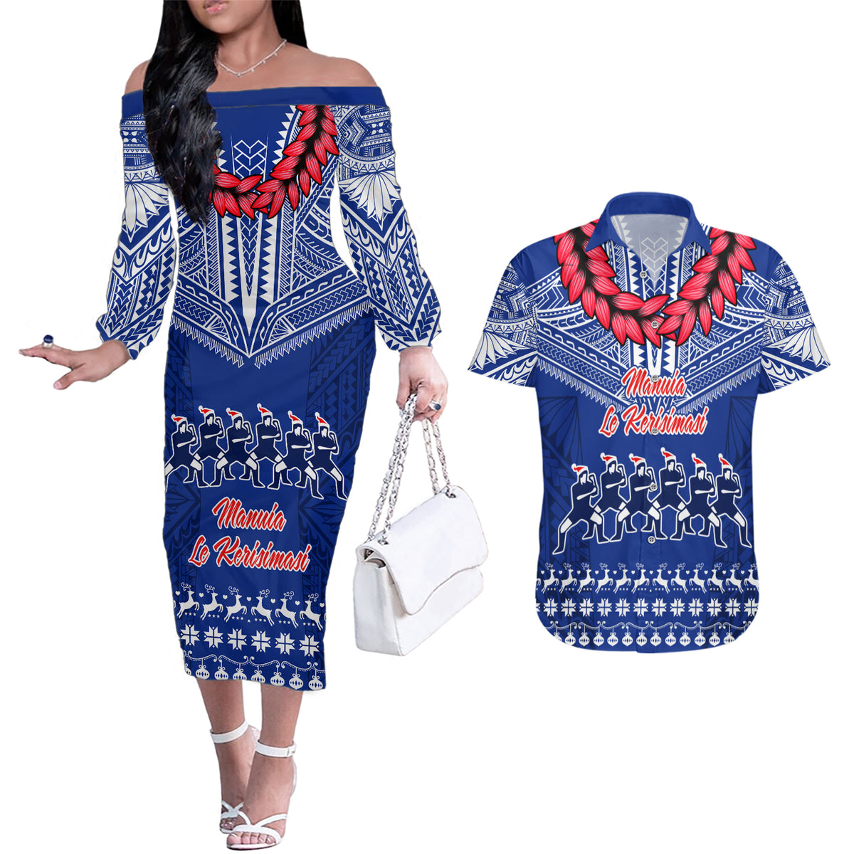 Personalised Toa Samoa Christmas Couples Matching Off The Shoulder Long Sleeve Dress and Hawaiian Shirt Samoa Siva Tau Manuia Le Kerisimasi Blue Vibe LT9 - Wonder Print Shop