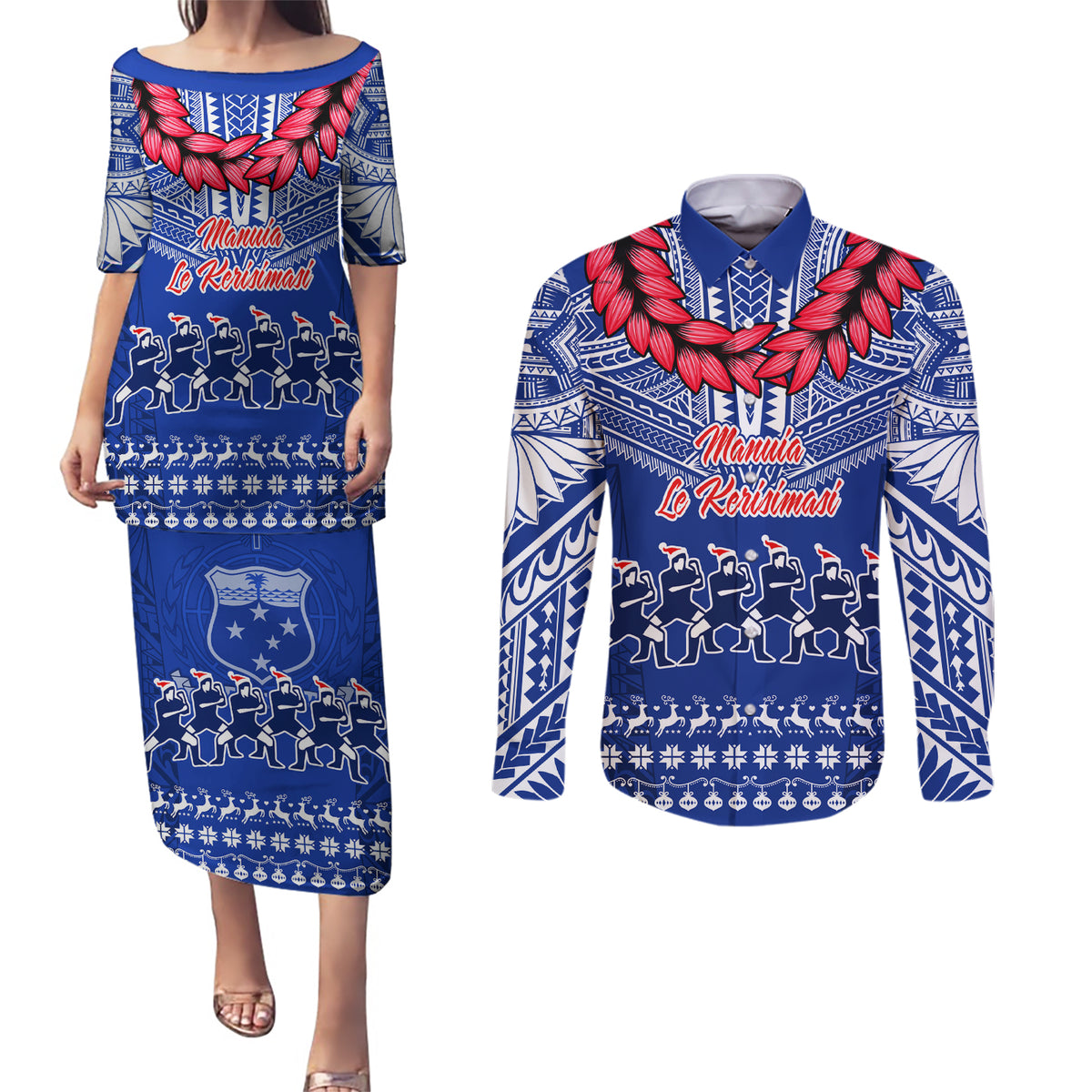 Personalised Toa Samoa Christmas Couples Matching Puletasi Dress and Long Sleeve Button Shirt Samoa Siva Tau Manuia Le Kerisimasi Blue Vibe LT9 - Wonder Print Shop