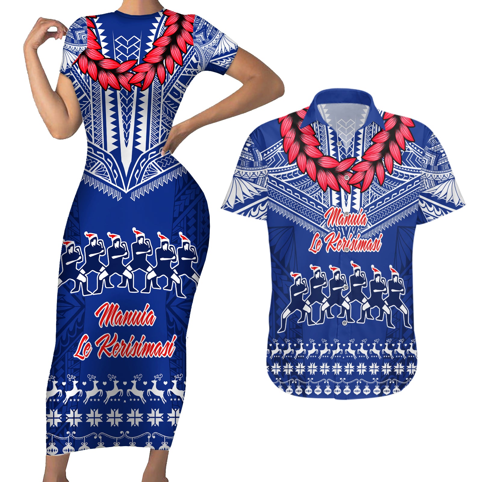 Personalised Toa Samoa Christmas Couples Matching Short Sleeve Bodycon Dress and Hawaiian Shirt Samoa Siva Tau Manuia Le Kerisimasi Blue Vibe LT9 - Wonder Print Shop