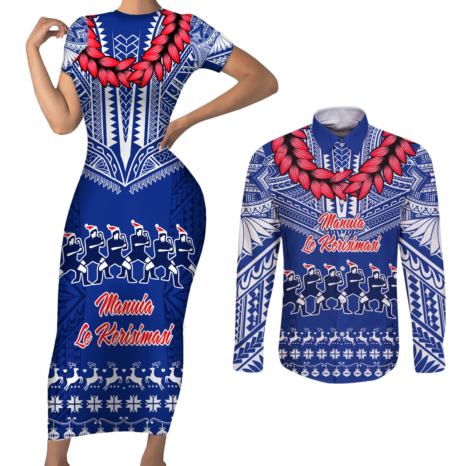 Personalised Toa Samoa Christmas Couples Matching Short Sleeve Bodycon Dress and Long Sleeve Button Shirt Samoa Siva Tau Manuia Le Kerisimasi Blue Vibe LT9 - Wonder Print Shop