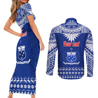 Personalised Toa Samoa Christmas Couples Matching Short Sleeve Bodycon Dress and Long Sleeve Button Shirt Samoa Siva Tau Manuia Le Kerisimasi Blue Vibe LT9 - Wonder Print Shop