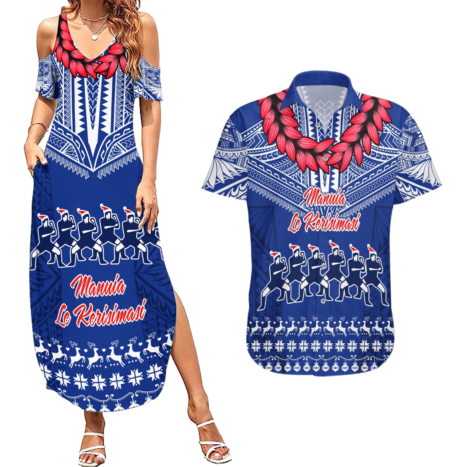 Personalised Toa Samoa Christmas Couples Matching Summer Maxi Dress and Hawaiian Shirt Samoa Siva Tau Manuia Le Kerisimasi Blue Vibe LT9 - Wonder Print Shop