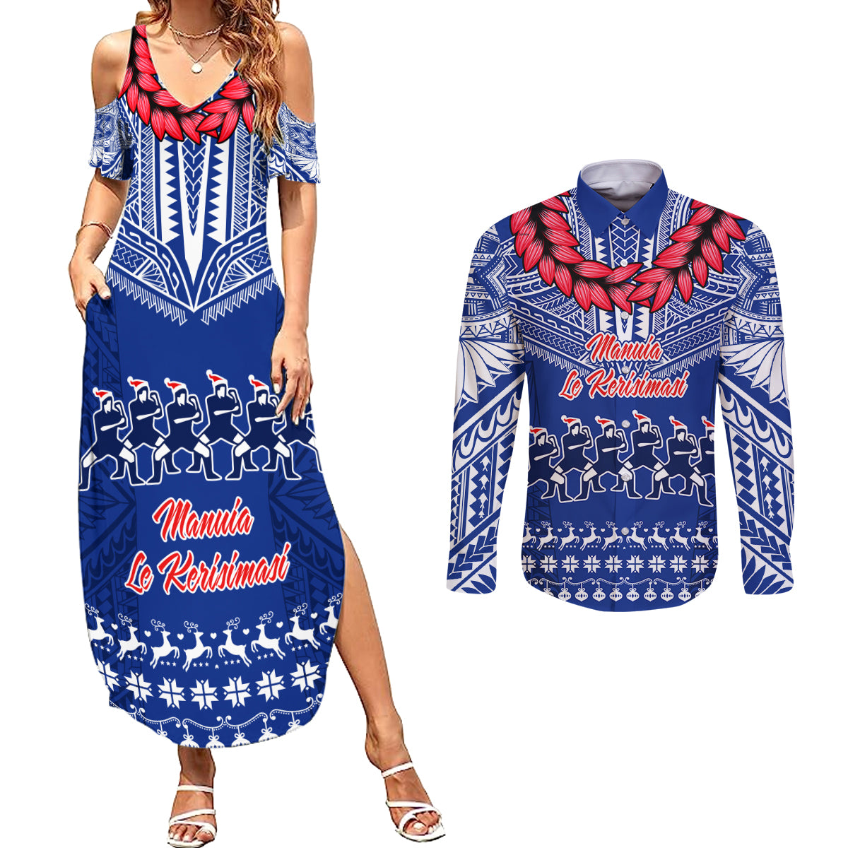 Personalised Toa Samoa Christmas Couples Matching Summer Maxi Dress and Long Sleeve Button Shirt Samoa Siva Tau Manuia Le Kerisimasi Blue Vibe LT9 - Wonder Print Shop