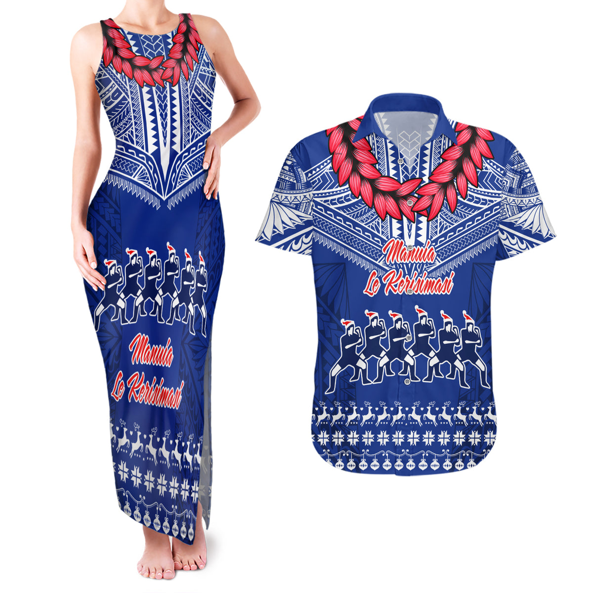 Personalised Toa Samoa Christmas Couples Matching Tank Maxi Dress and Hawaiian Shirt Samoa Siva Tau Manuia Le Kerisimasi Blue Vibe LT9 - Wonder Print Shop