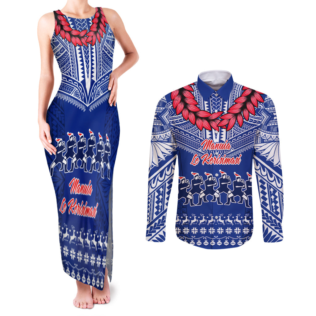 Personalised Toa Samoa Christmas Couples Matching Tank Maxi Dress and Long Sleeve Button Shirt Samoa Siva Tau Manuia Le Kerisimasi Blue Vibe LT9 - Wonder Print Shop