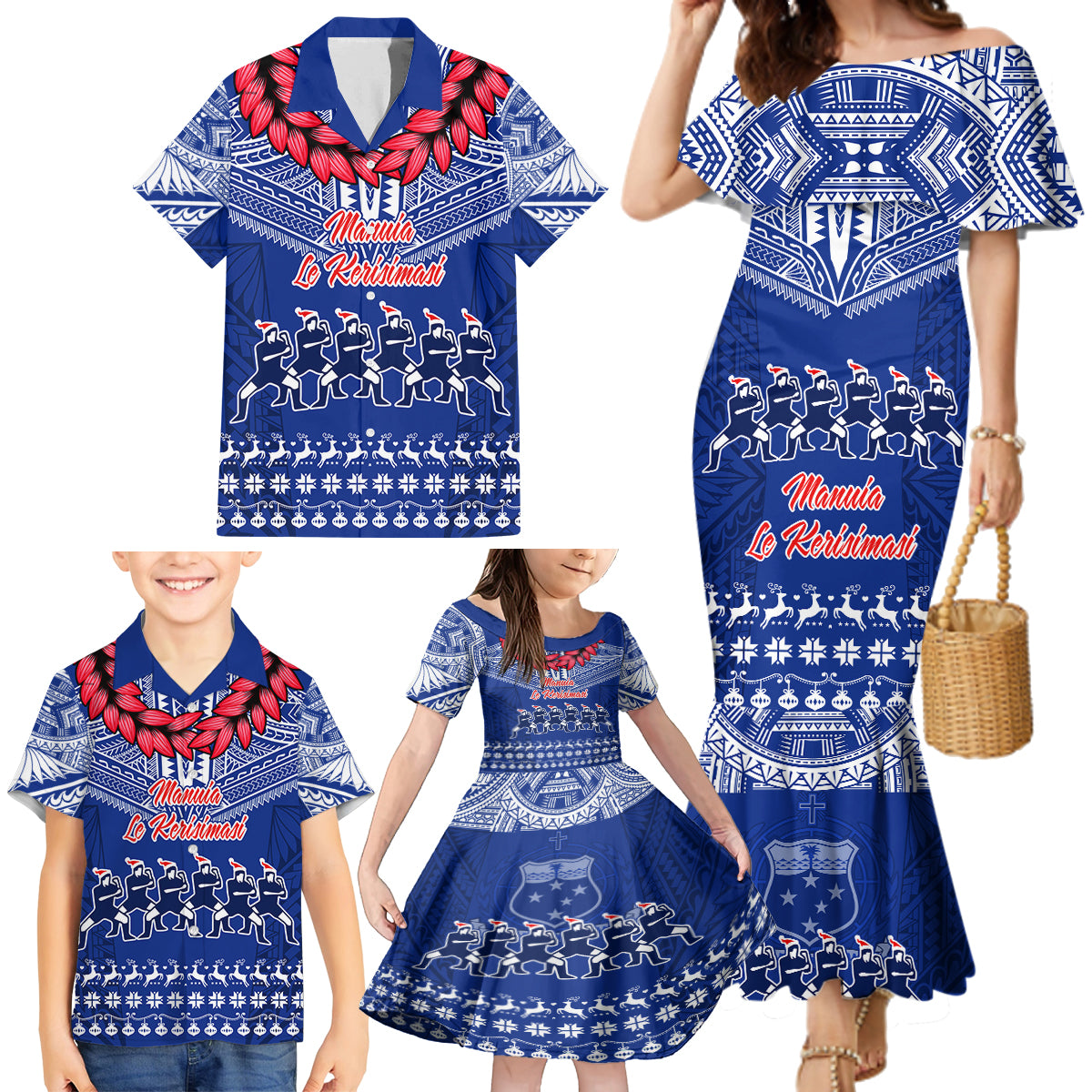 Personalised Toa Samoa Christmas Family Matching Mermaid Dress and Hawaiian Shirt Samoa Siva Tau Manuia Le Kerisimasi Blue Vibe LT9 - Wonder Print Shop