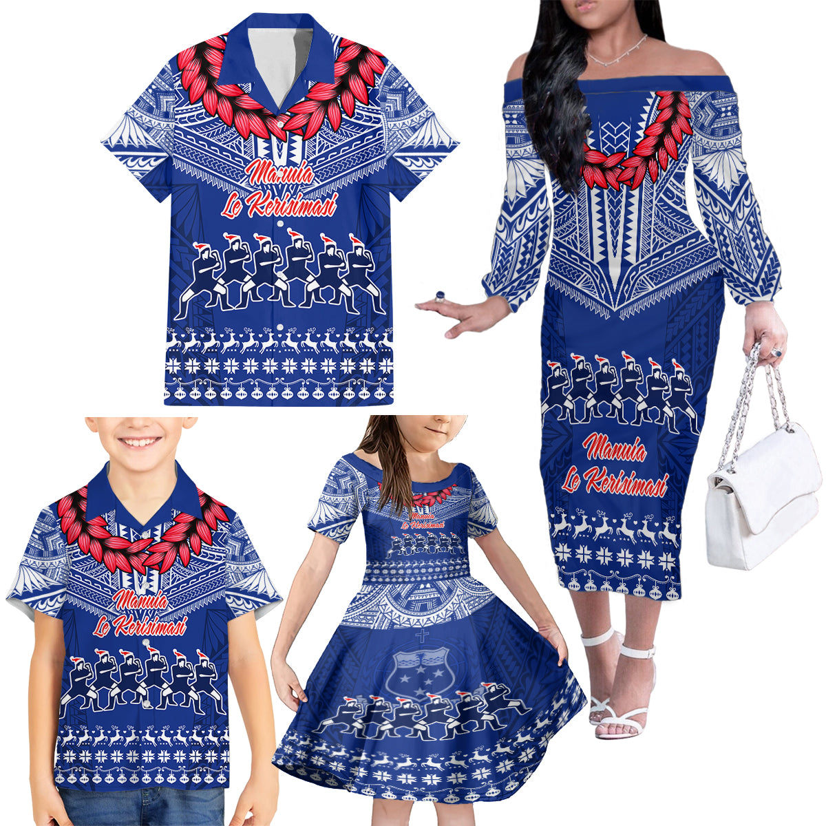 Personalised Toa Samoa Christmas Family Matching Off Shoulder Long Sleeve Dress and Hawaiian Shirt Samoa Siva Tau Manuia Le Kerisimasi Blue Vibe - Wonder Print Shop