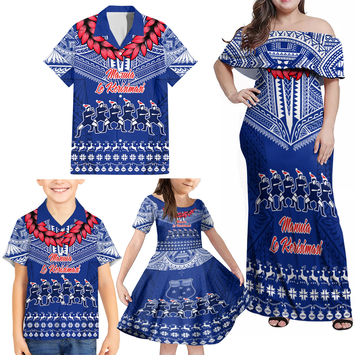 Personalised Toa Samoa Christmas Family Matching Off Shoulder Maxi Dress and Hawaiian Shirt Samoa Siva Tau Manuia Le Kerisimasi Blue Vibe LT9 - Wonder Print Shop