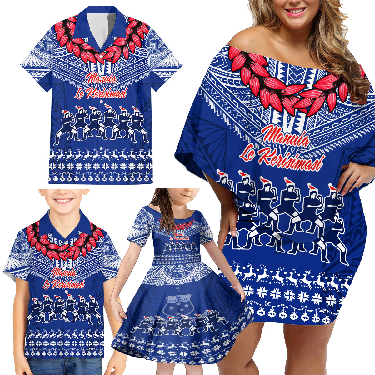 Personalised Toa Samoa Christmas Family Matching Off Shoulder Short Dress and Hawaiian Shirt Samoa Siva Tau Manuia Le Kerisimasi Blue Vibe LT9 - Wonder Print Shop