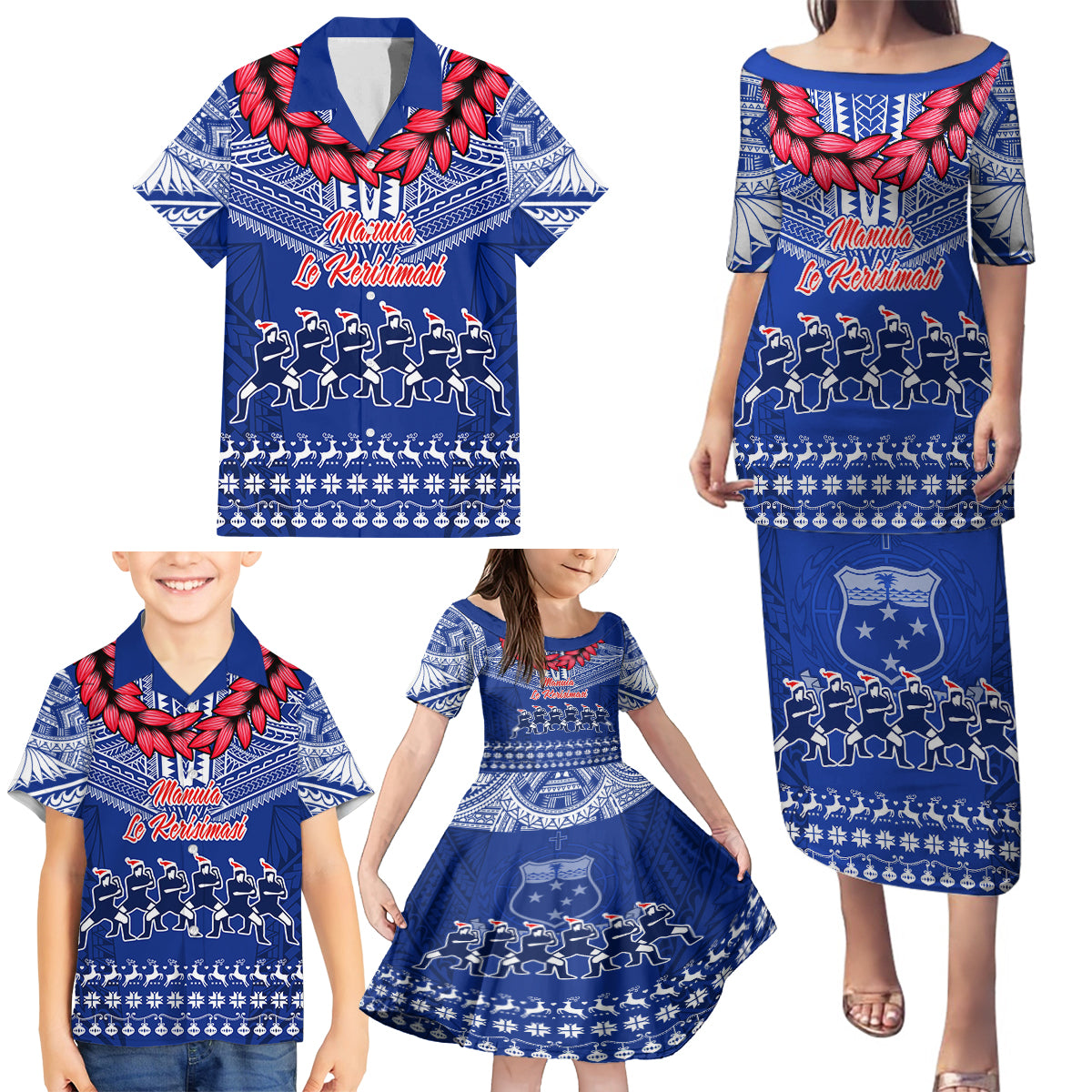 Personalised Toa Samoa Christmas Family Matching Puletasi Dress and Hawaiian Shirt Samoa Siva Tau Manuia Le Kerisimasi Blue Vibe - Wonder Print Shop