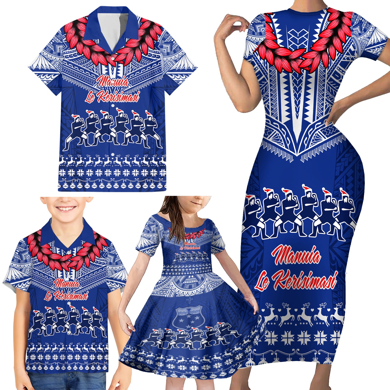 Personalised Toa Samoa Christmas Family Matching Short Sleeve Bodycon Dress and Hawaiian Shirt Samoa Siva Tau Manuia Le Kerisimasi Blue Vibe - Wonder Print Shop
