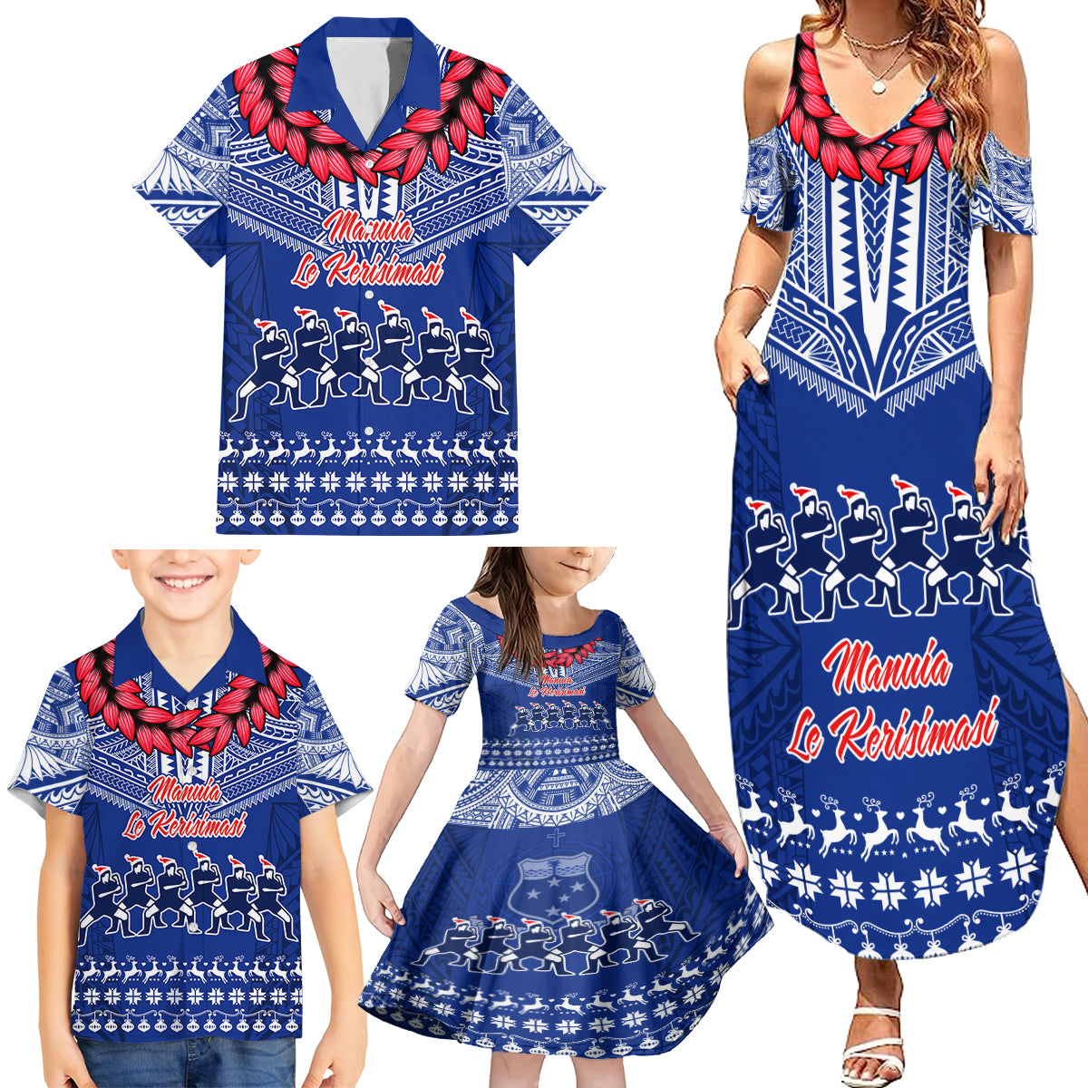 Personalised Toa Samoa Christmas Family Matching Summer Maxi Dress and Hawaiian Shirt Samoa Siva Tau Manuia Le Kerisimasi Blue Vibe - Wonder Print Shop