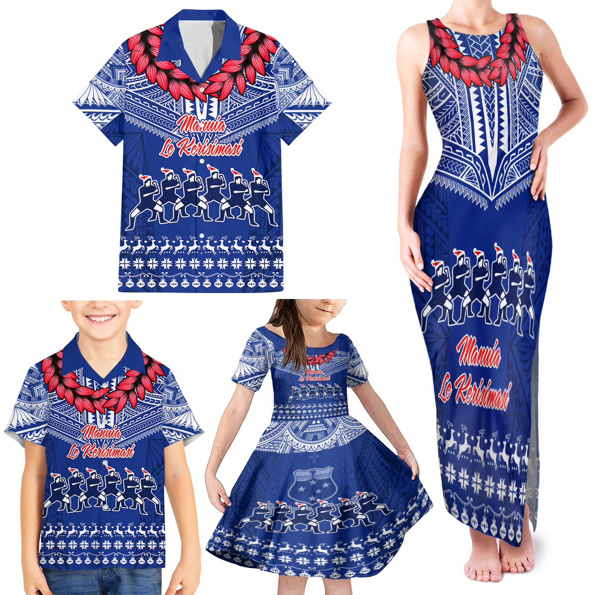 Personalised Toa Samoa Christmas Family Matching Tank Maxi Dress and Hawaiian Shirt Samoa Siva Tau Manuia Le Kerisimasi Blue Vibe - Wonder Print Shop